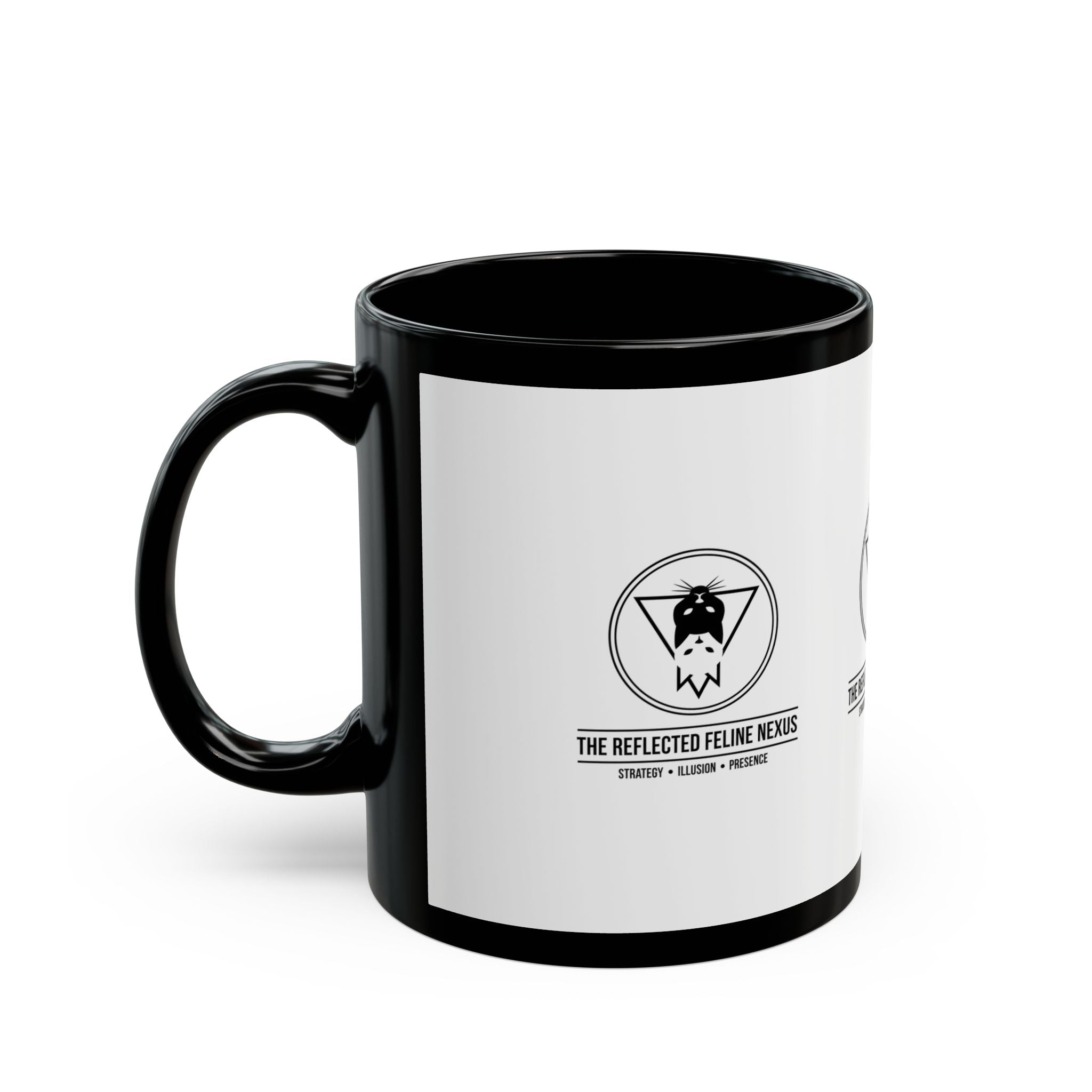 The Reflected Feline Nexus – Black Inner Ceramic Mug | The CatFather Philosopher Division