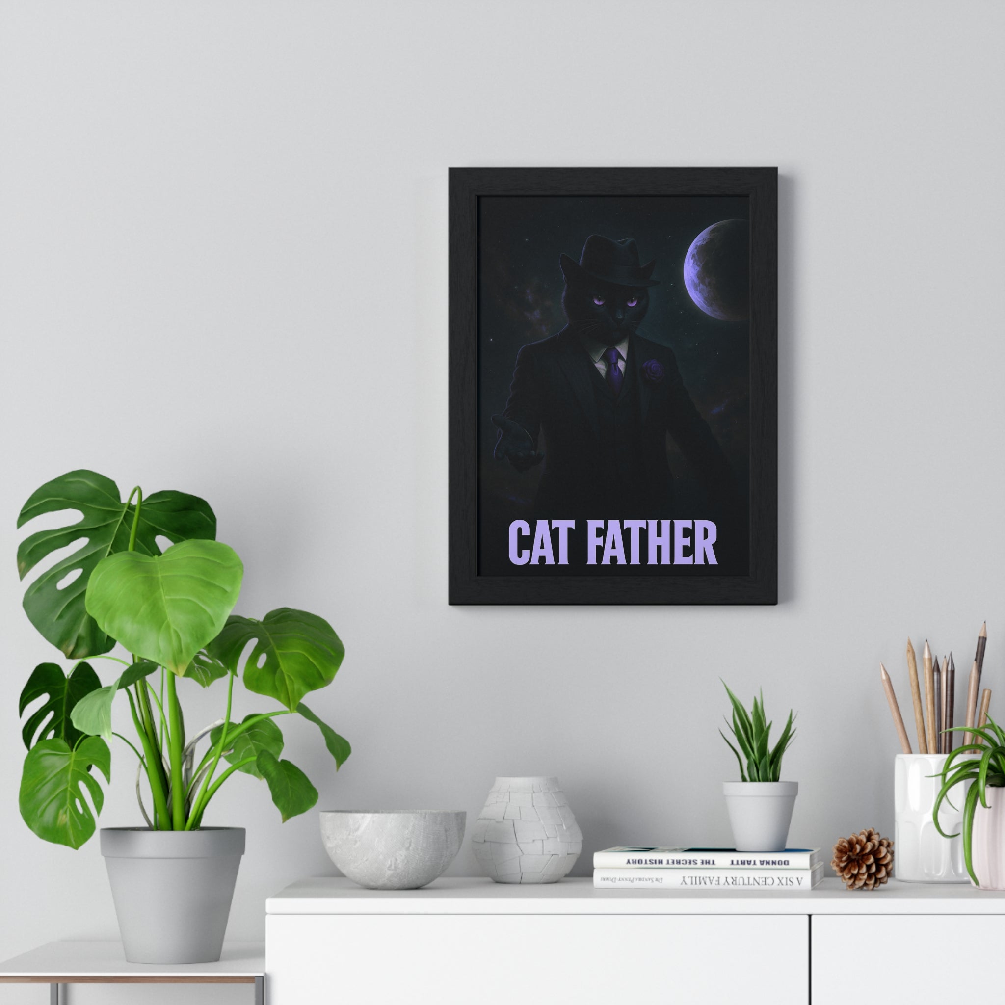 Cat Father Framed Poster, Whimsical Cat Art, Unique Home Decor, Gift for Cat Lovers, Black Cat Wall Art