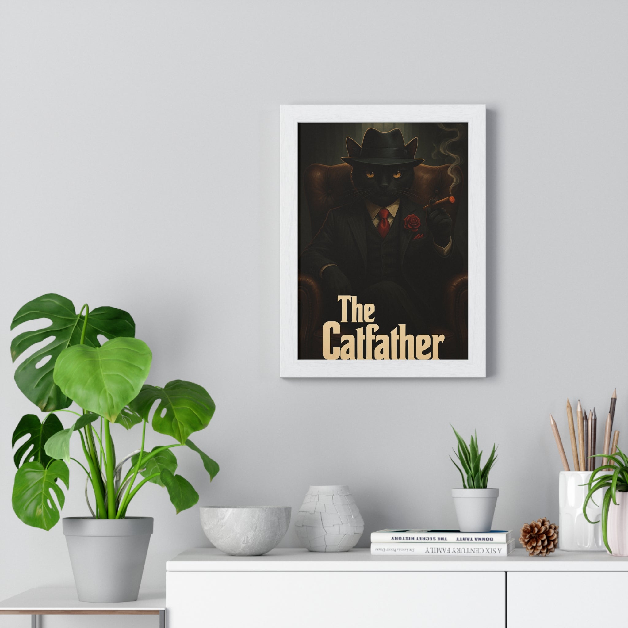 Stylish Cat-Themed Wall Art, The Calffather Vertical Framed Poster, Home Decor, Gift for Cat Lovers, Unique Art Print