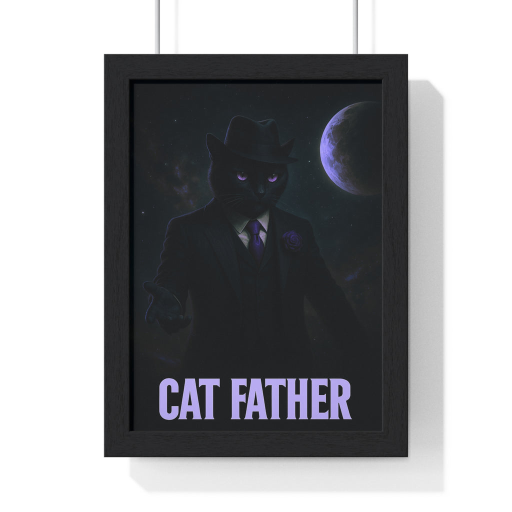 Cat Father Framed Poster, Whimsical Cat Art, Unique Home Decor, Gift for Cat Lovers, Black Cat Wall Art